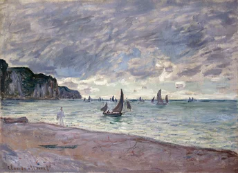 Łodzie rybackie przed plażą i klifami Pourville, 1882