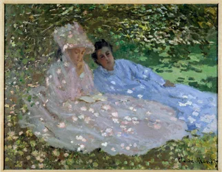 Pani Monet i przyjaciółka w ogrodzie. Dwie kobiety siedzące w cieniu drzewa. Obraz Claude