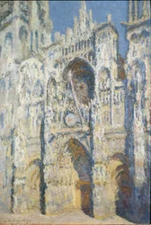 Katedra w Rouen, portal i wieża Saint-Romain, efekt pełnego słońca, błękitna harmonia i złoto