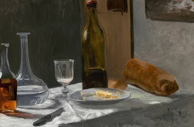 Martwa natura z butelką, karafką, chlebem i winem. Około 1862/63