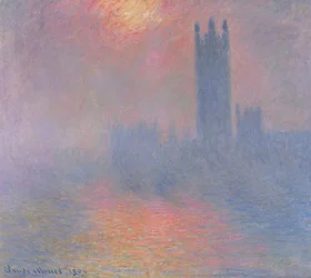 Gmachy parlamentu w Londynie, ze słońcem przebijającym się przez mgłę, 1904