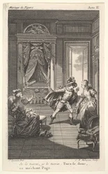 Mężczyzna pochyla się w kierunku kobiety stojącej w drzwiach po prawej, po lewej siedząca kobieta podnosi..., ok. godz. 1784.