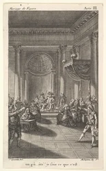 Mężczyzna siedzący na krześle na schodkowej platformie trzyma publiczność, dwaj wskazujący mężczyźni stoją..., ca. 1784.