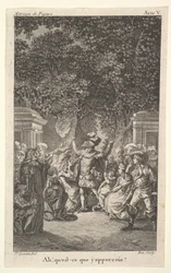 Młody chłopak trzyma pochodnię pod drzewami w ogrodzie, pośrodku mężczyzna unosi obie ręce, s..., ok. godz. 1784.
