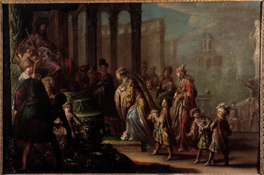 Salomon i królowa Saby również mówią „”Estera przed Assuerusem 1er (Kserkses 1er)”” Obraz Claude Vignon (1593-1670) XVII-wieczne Słońce. 0,8x1,19 m Paryż, msuee du Louvre