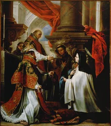 Komunia św. Teresy z Avila; Piotr z Alkantary ofiaruje hostię, święty Franciszek i święty Antoni z Padwy asystują jako diakoni (obraz na płótnie)