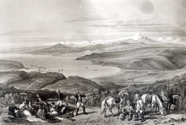 Widok z daleka na wulkan Aconcagua, z „Historii de Chile” grawerowanej przez F. Lehnerta