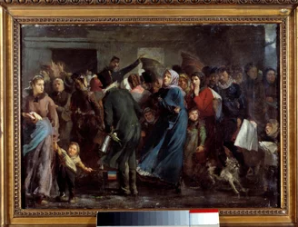 Kolejka przed sklepem mięsnym. Głodni mieszkańcy Paryża czekają na swoją kolej u rzeźnika podczas wojny z Prusami w latach 1870 - 1871.