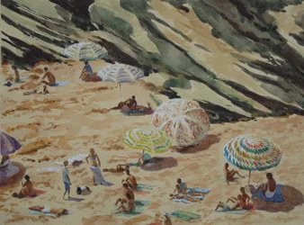 Plaża, skały i parasole
