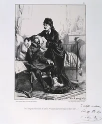 Wojna francusko-pruska 1870-1871: ranny żołnierz jest opatrywany i karmiony. Z serii litografii Clémenta-Auguste