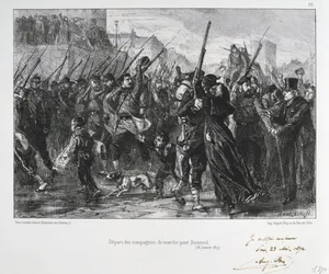 Wojna francusko-pruska 1870-1871: bitwa pod Buzenval (Mont Valérien) w pobliżu Wersalu, 19 stycznia 1871. Gwardia Narodowa maszeruje ku bitwie i klęsce. Z serii litografii Clémenta-Auguste