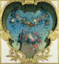 Feston owoców wiszący nad postumentem z kwiatami i czerwono-zieloną papugą 1730-31