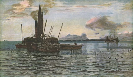 Targ śledziowy na morzu nad jeziorem Loch Fyne, Argyll, 1884, c1930.