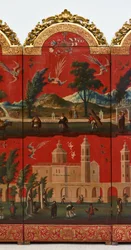 Biombo z widokami miasta Meksyk (olej na czerwonym lakierze maki-e na panelu, z pozłacanymi drewnianymi mocowaniami i lnianym podkładem)