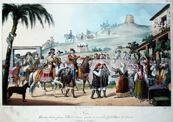 Procesja ślubna w regionie Cagliari we Włoszech, grawerowana przez Bezarda 1825 (kolorowa lito)