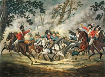Angielski lekki koń atakujący francuską artylerię, z „Military Evolutions”, grawerowany przez Merke, opublikowany 1800 (akwatinta ręcznie kolorowana)