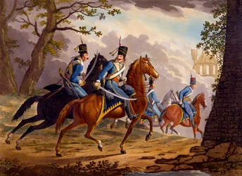 Husaria austriacka w pogoni za wrogiem, 1799 (akwatinta ręcznie kolorowana)