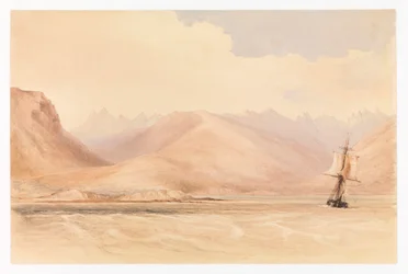 Statek badawczy HMS "Beagle" w kanale Beagle, Ameryka Południowa
