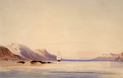 Statek badawczy HMS "Beagle" w kanale Beagle, Tierra del Fuego