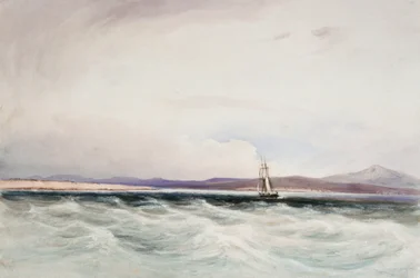 Statek badawczy HMS "Beagle" wpływający do Berkeley Sound, Falklandy