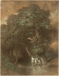 Kąpiący się pod olbrzymim dębem, ok. 1842-1844 (węgiel na papierze)