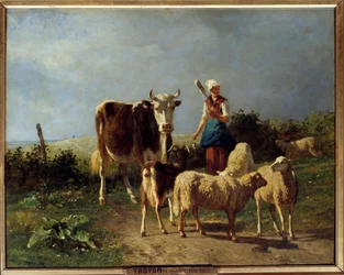 Pasterz z krową i owcami. Obraz Constanta Troyona (1810-1865) XIX w. Niedz. 0,73x0,92 m²