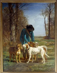 Strażnicy myśliwych zatrzymują się przy jego psach. Obraz Constanta Troyona (1810-1865)