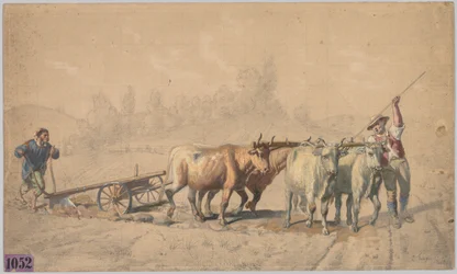 Cztery woły ciągnące pług, 1853.