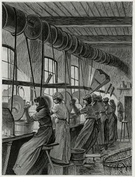 Warsztat dla kobiet w szklarniach Val Saint Lambert. Grawer autorstwa C.Meuniera ilustrujący historię „La Belgique” autorstwa Camille Lemonnier (1844-1913), pisarza i krytyka sztuki.