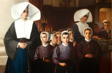 Obraz. Sygnowany i datowany: Constant Meunier 1864. Sieroty. Olej na płótnie. Szczegół.