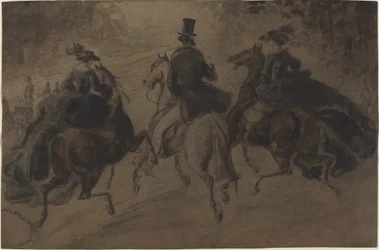 Cavalier i dwie panie na koniu
