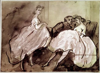 Dwie prostytutki i klientka sceny uwodzenia w burdelu. Rysunek Constantina Guys (1805-1892) XIX-wieczny Paryż, Musee Carnavalet