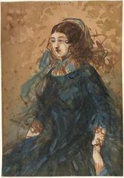 Kobieta w niebieskiej sukience prosto, scena obozowiska wojennego odw., 1855-1860.