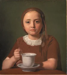 Portret małej dziewczynki, Elise Købke, z kubkiem przed sobą