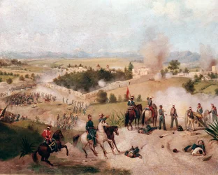 Wojna amerykańsko-meksykańska: widok bitwy pod Molino del Rey w dniu 08.09.1847 - (Wojna meksykańsko-amerykańska, widok bitwy pod Molino del Rey) Szczegółowy obraz autorstwa Constantino Escalante (1836-1868)
