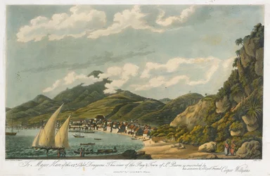 Widok na zatokę i miasto Saint Pierre (Martynika). Litografia (42,3x56 cm) autorstwa Coopera Willyamsa (1762-1816)