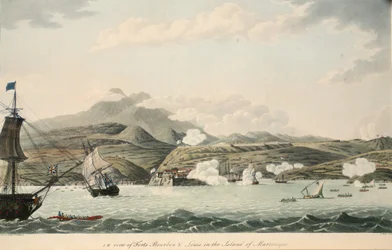 Widok na Forty Bourbon i Louis na wyspie Martynice, ilustracja z "An Account of the Campaign in the West Indies" Rev. Cooper Willyams, litografia S. Alken, pub. London 1796 (c
