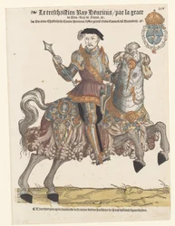 Portret Henryka II we Francji w zbroi na koniu, po prawej