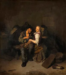 ""Młoda para w tawernie"" (Młoda para w tawernie) Obraz Cornelis Pietersz Bega (1631/2-1664) - 1661 - Olej na płótnie Dim 39x34,5 cm Hallwylska Museet, Sztokholm