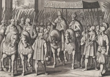 Ilustracja 3: Karol V koronowany cesarz wkraczający do Rzymu z papieżem, od triumfów Karola..., 1614.