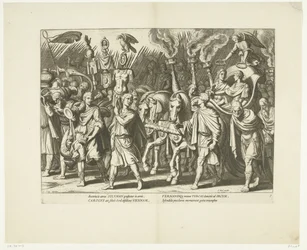 Triomfwagen van Karel V en Ferdinand, na de bevrijding van Wenen van de Turken, ca. 1532, nr. 7 Scenes uit het leven van Karel V (tytuł serii) Życie cesarza Karola V. w przepięknych wklęsłodrukach, wygrawerowanych według wzorów słynnego A. Tempesta