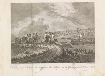 Francuzi ostrzelają uciekające wojska na Gierbrug, 1794 Porzucenie Nymegen i katastrofa trup na moście Sępów, 16 października 1794 (tytuł na obiekcie)