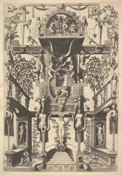 Fantastyczna struktura architektoniczna z strapworkami i dwiema pergolami oraz małą sceną z Vu..., 1557.