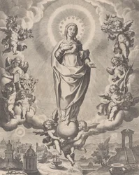 Dziewica w chwale, stojąca na obłokach i otoczona aniołami trzymającymi symbole ..., 1595-1633.