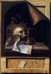 ""Nature morte a la vanite"" (Martwa natura Vanitas) Peinture de Cornelis Norbertus Gysbrechts ou Gijsbrechts (1630 - 1675) Olej na płótnie Wym. 89x62 cm Kolekcja prywatna