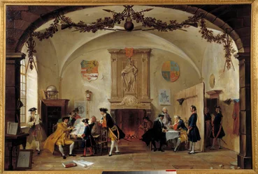 Alegoria wojny przeciwko Francji Żołnierze holenderscy studiują strategie podczas wojny o sukcesję hiszpańską (1701-1714) między Francją i Hiszpanią oraz koalicji utworzonej przez Anglię, Holandię i Prusy. Obraz Cornelisa Troosta (1697-1750) 1747 The Ha