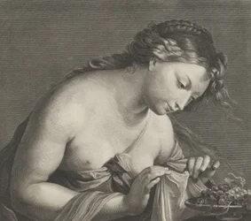 Erigone pochylając się nad półmiskiem z winogronami i podnosząc obiema rękami kawałek materiału,…, ca. 1700.