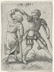 Mężczyzna z drewnianą nogą obracający kulawą kobietę pod pachą, 1572 (rycina na papierze wykładanym)