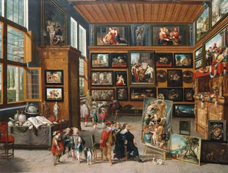 Przestronny hol wejściowy z obrazami, przedmiotami kolekcjonerskimi, artysta i koneser, ok. 1635-1640