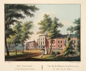 Lustslot w Haagsche Bosch. Vue de la Maison de plaisance, au Bois de la Haije, 1825 (ręcznie barwiony grawer)